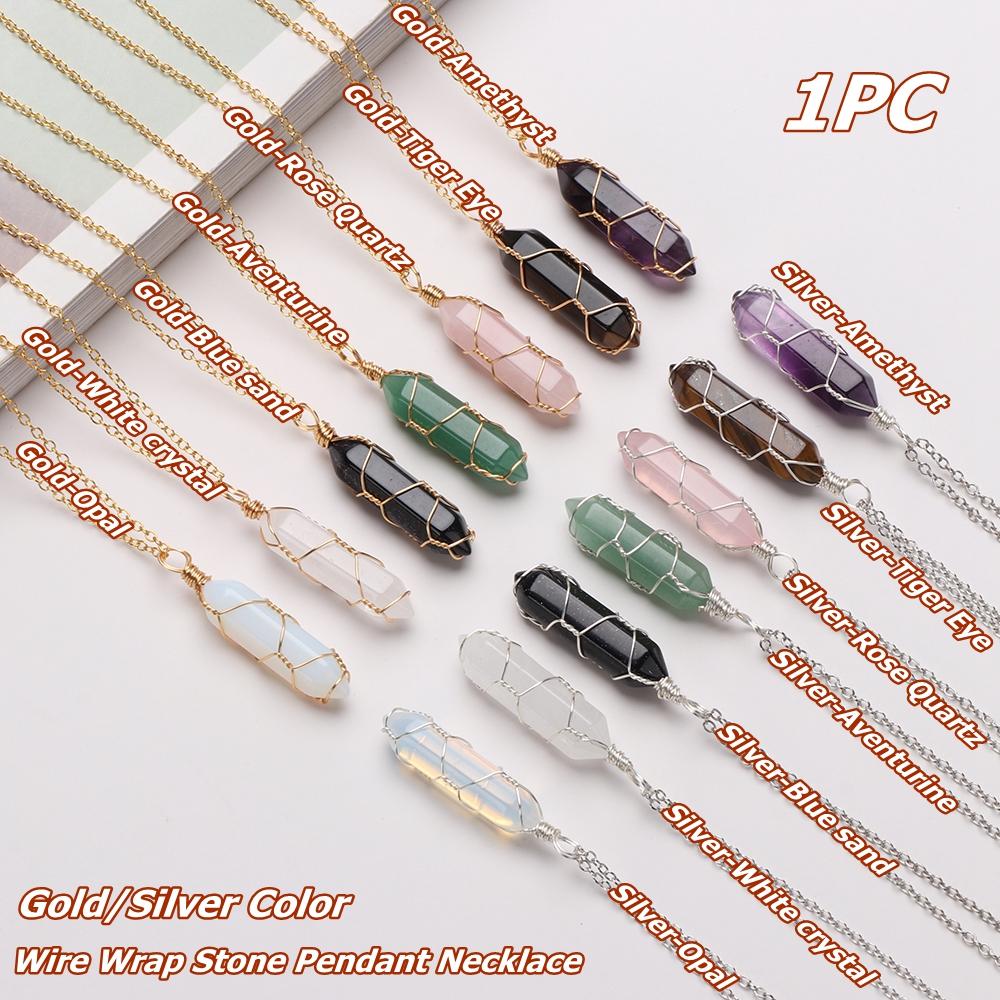 Blue sand Wire Wrap Stone Pendant Natural Stone Rose Quartz Hexagonal Cylindrical Crystal Necklace