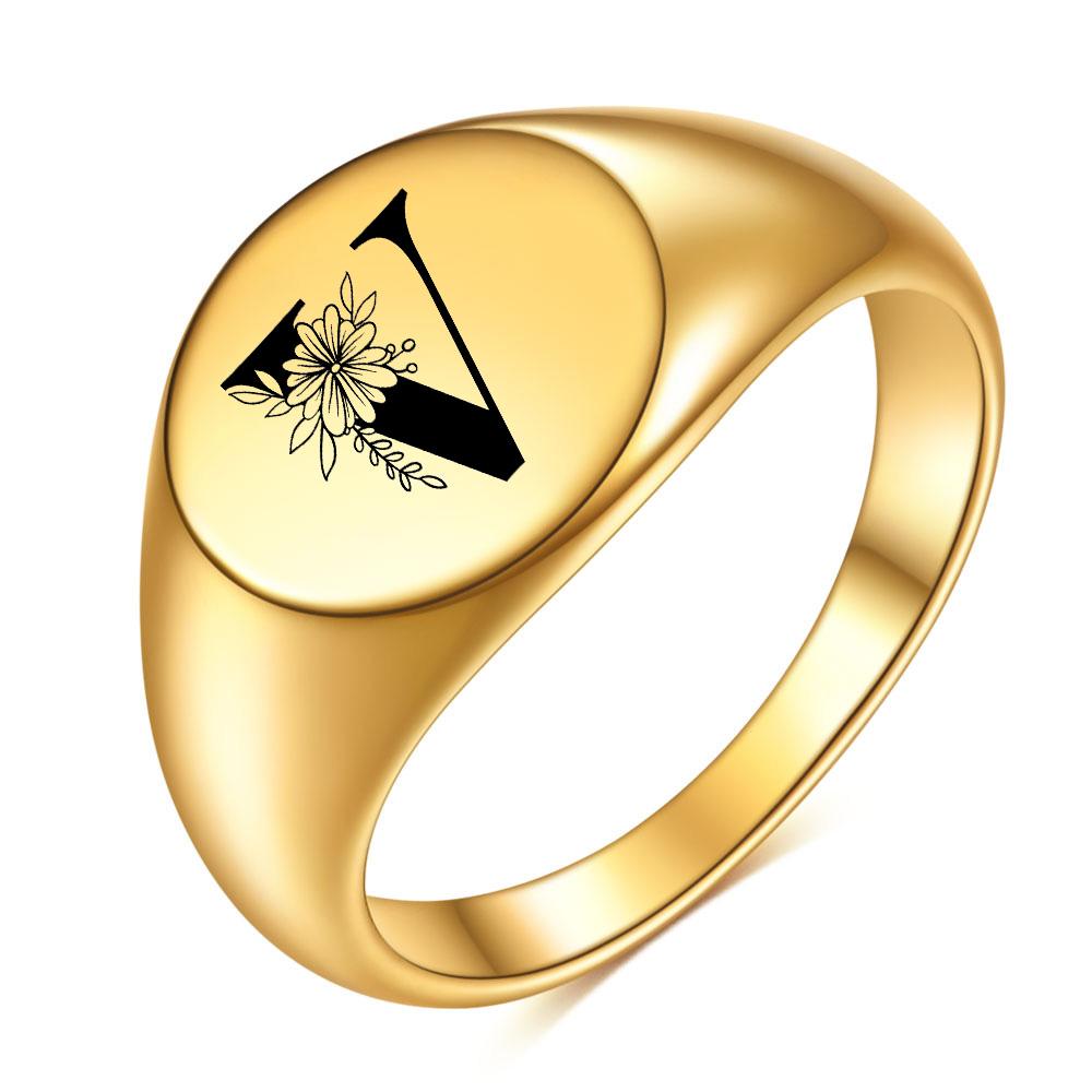 Женщины Мужчины Цветок AZ Буква Золотого Цвета Кольцо На Палец Инициалы Имя Алфавит Женские Партии Массивные Кольца Ювелирные Изделия Из Нержавеющей Стали