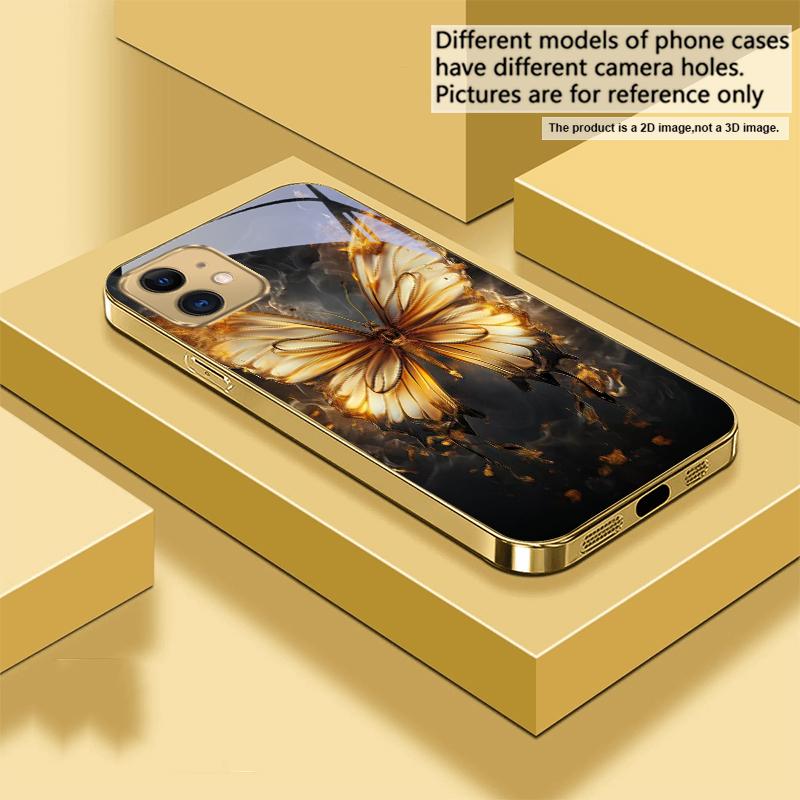Теплый пламенный бабочка для iPhone 17Pro Max 16 17 Pro 15 Pro 14 13 Plus 12 Mini 11Pro Max XR 16E 17Air Золотой стеклянный чехол для телефона
