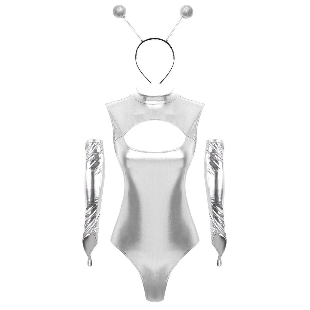 Женский костюм для косплея «Чужой», блестящий металлический костюм без рукавов с вырезом на молнии, боди с рукавами и обручем для волос, повязка на голову