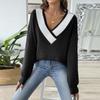 Women's Contrasting Color Patchwork Large V-neck Loose Sweater Pullover Sweater