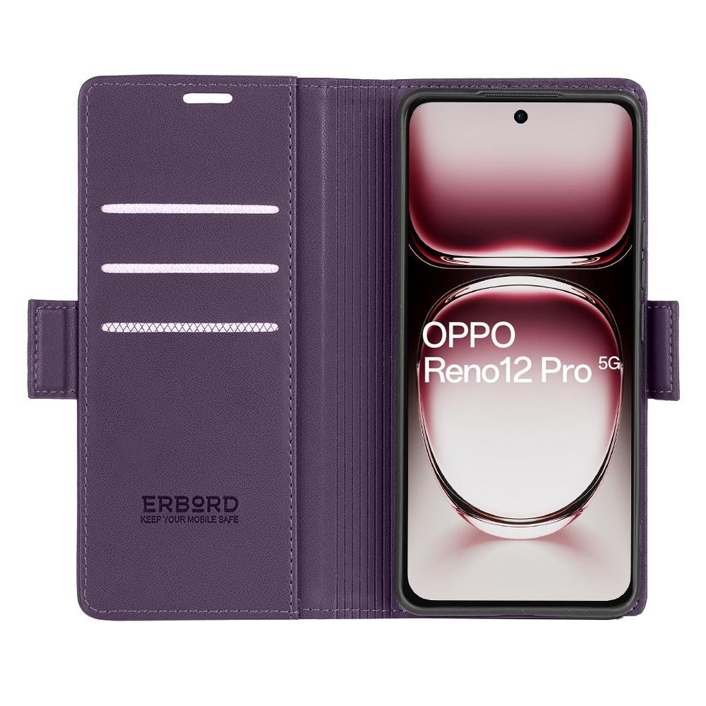 Oppo Reno 12 Pro Case, ERBORD Glossy Litchi, Wallet Flip, Purple