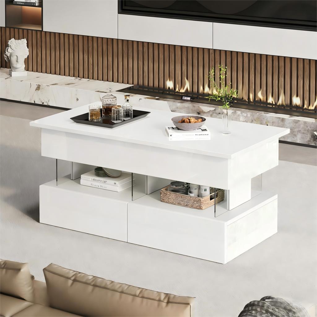 100 x 50 x 46 cm Liftable Coffee Table with Height-Adjustable Tabletop, High Gloss Side Table with LED and 2 Drawers, White, MDF + Acrylic