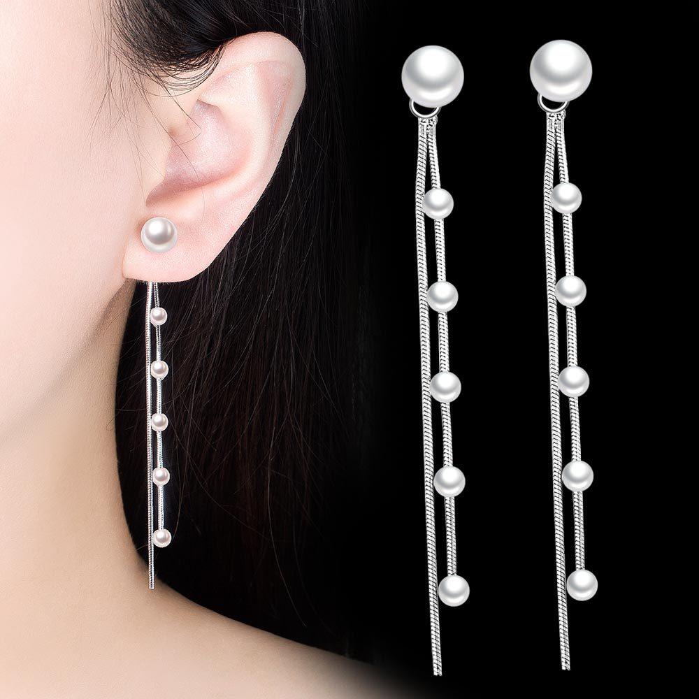 Silver Plated Hanging Earrings Women's Korean-Style Tassel Temperamental Long Pearl Back Earrings Simple Ear Chain Earrings