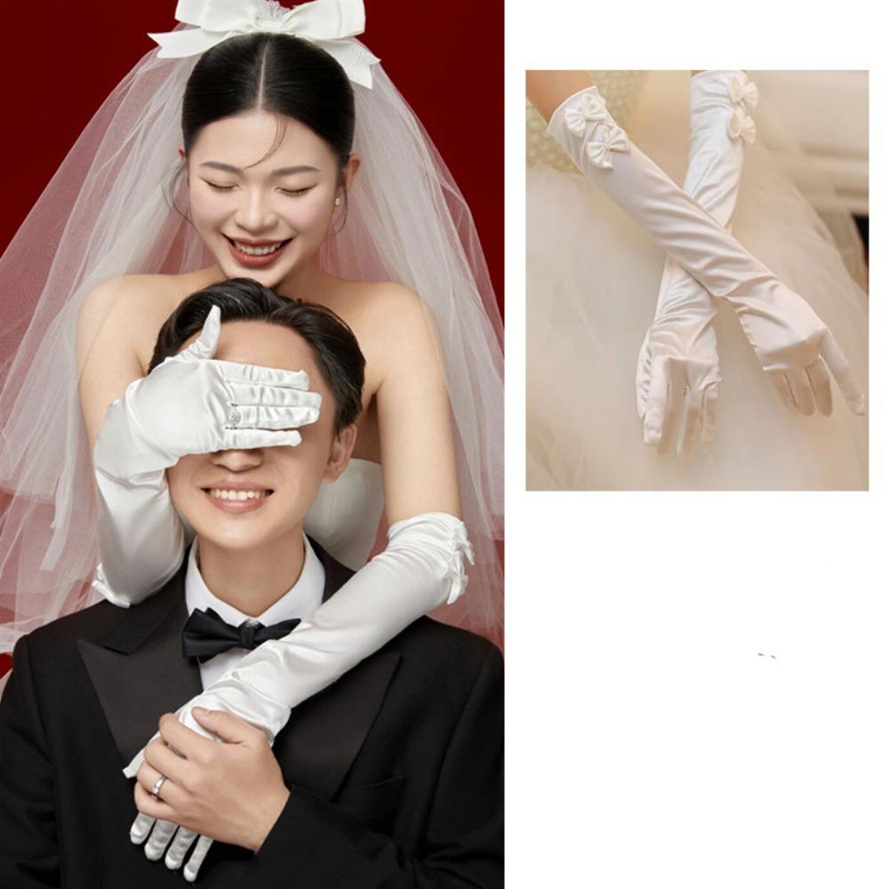 Vintage Satin Long Gloves Lace Long Finger Mittens Wedding Bridal Gloves  Dress Accessories