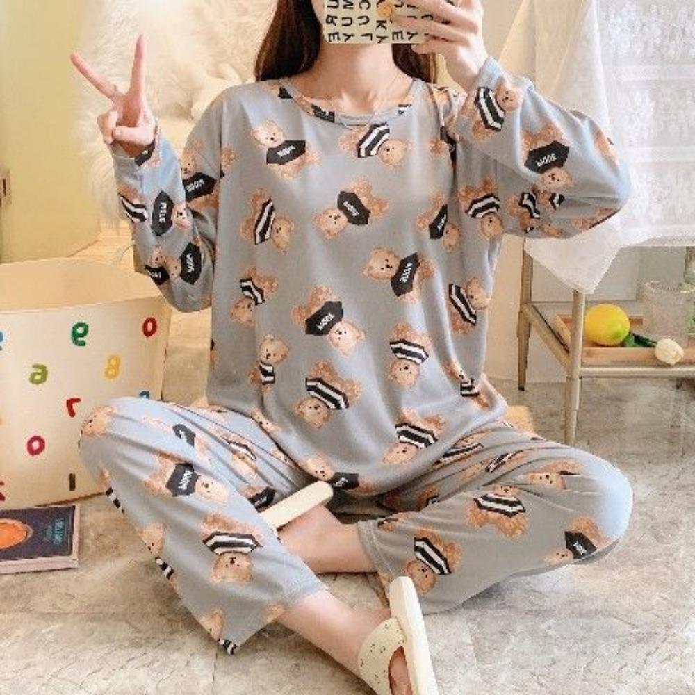 Cartoon Cute Patterned Long Sleeved Pajamas Set Female Spring Sleepwear Comfortable Cotton Round Neck Pajamas