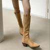 Модные туфли на среднем каблуке для женщин, женские сапоги с острым носком, кожаные зимние сапоги до колена, длинные, дизайнерские, роскошные, 2024