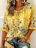 Women Round Neck Tie 3/4 Ruffle Sleeve Blouse, Large Peony & Leaf Print, Soft Style Top for Trip & Dating