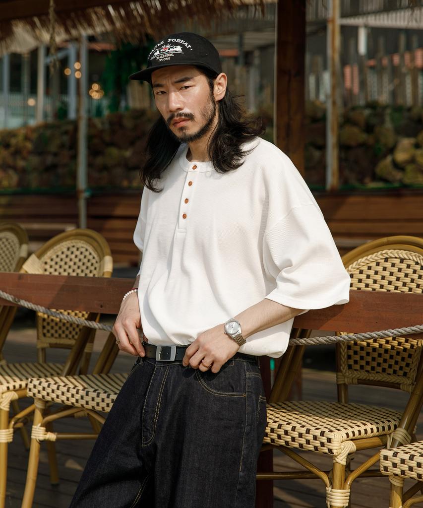 RUGGED HOUSE Retro Henley Neck Waffle Short Sleeve Tee Ivory