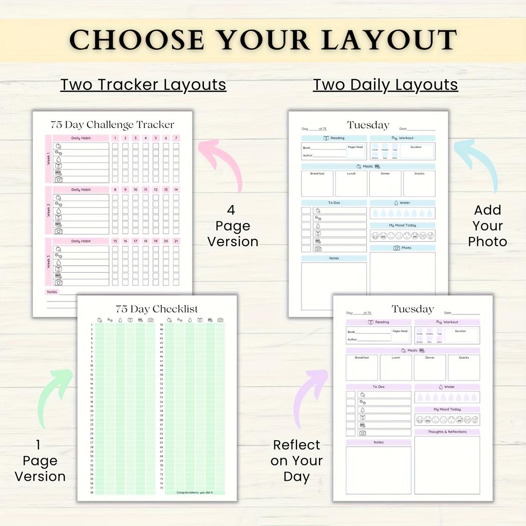 Планировщик фитнес-соревнований на 75 дней - спиральный журнал с ежедневными/еженедельными трекерами, трекер тренировок и привычек, мотивационный блокнот успеха