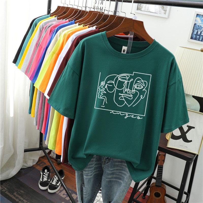 Hirsionsan Fashion Abstract Line Printed T Shirt Women Funny Graphic Soft Loose Female Tees Cotton Summer Casual Tops Khaki Tshirts 2021