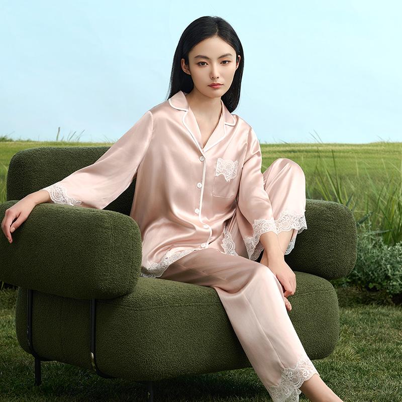 19mm Heavyweight 100% Mulberry Silk High-End Fashion V-Neck Home Suit Set of Silk Pajamas for Women