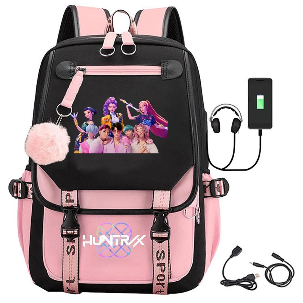 Movie Peripheral Print Backpack, School Bag Student Campus With Plush Ball Backpack With USB Port