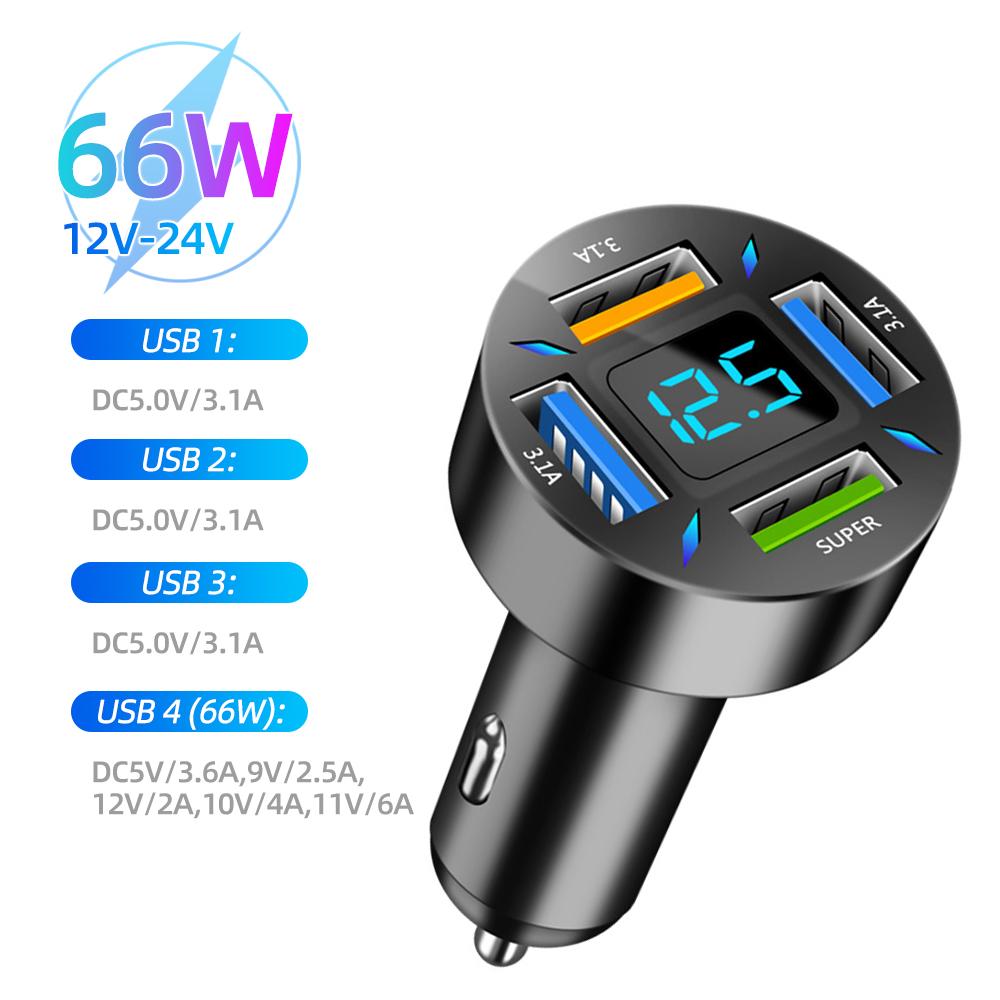 Автомобильное зарядное устройство USB 66 Вт, быстрая зарядка PD QC3.0 с вольтметром, разъем прикуривателя, адаптер питания для iPhone 11 12 Samsung Xiaomi