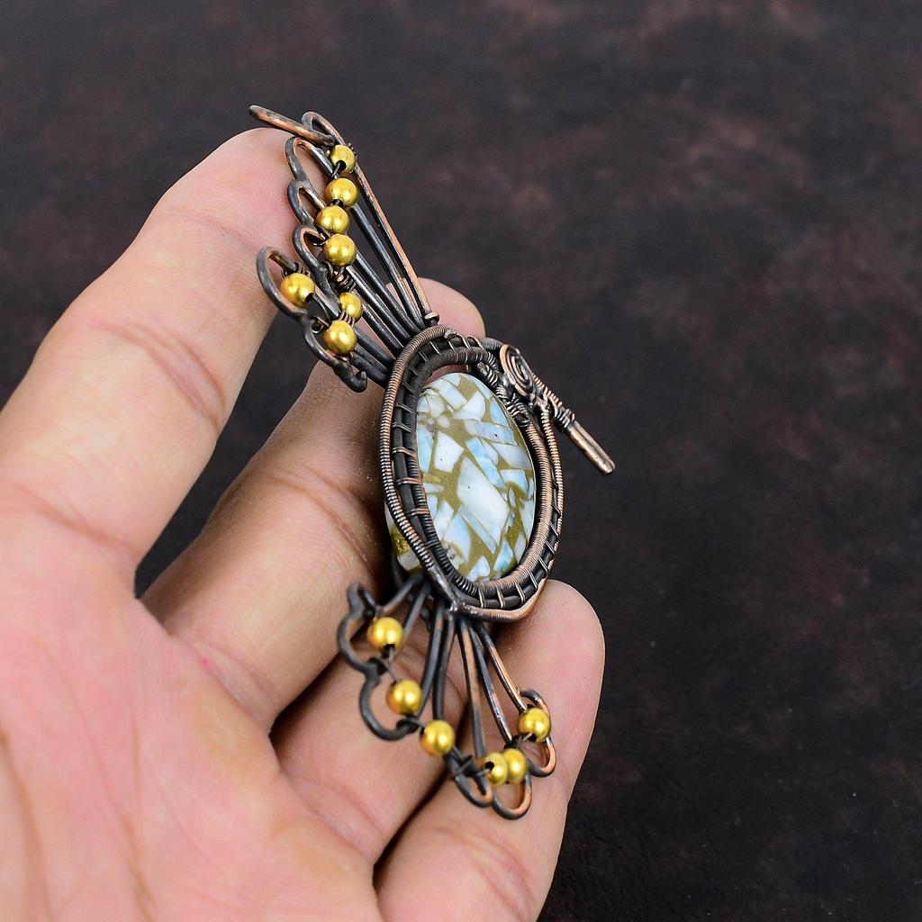 Медный кулон-ларимар, обернутый медной проволокой, кулон с драгоценным камнем. Изысканные медные украшения, кулон-птица. Кулон ручной работы. Ларимар. Ювелирный подарок для нее.