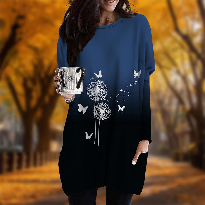 Новинка осени с принтом бабочек и одуванчиков. Платье больших размеров для женщин с круглым вырезом и длинными рукавами. Повседневные платья с карманами.