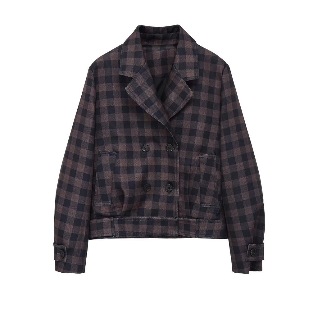 2026 spring new European and American cross-border women's clothing street fashion plaid double-breasted jacket w027 1199