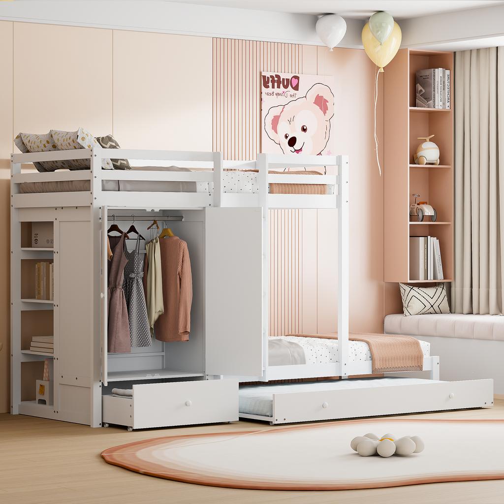 Solid Wood Bunk Bed 90*200 with Pull-out Bed, Multifunctional Children's Bed with Wardrobe, Drawers and Storage Compartment, White
