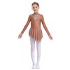 Kid Girls Figure Ice Skating Dress Long Sleeve Irregular Hem Leotard Dress Stage Performance Costume