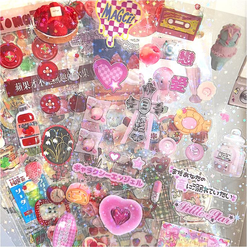 9pcs Glitter Flash Y2K Sticker Cute Toploder Journaling Decor Sticker for Phone Camera Laser Kawaii Stickers Gift