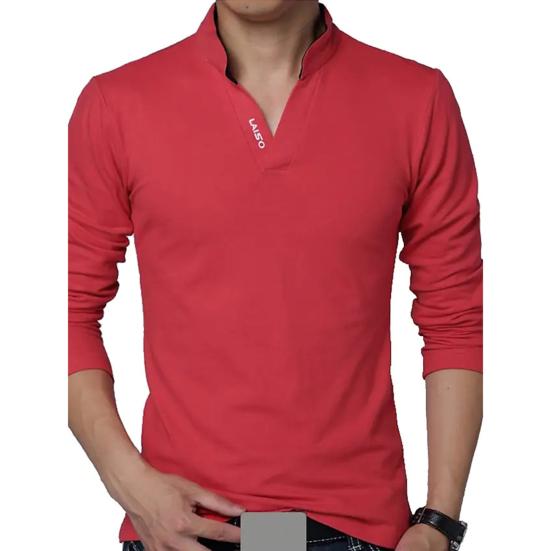 Мужская весна-осень футболка с воротником-стойкой, v-образным вырезом и длинными рукавами, мягкий приталенный однотонный мягкий дышащий мужской топ средней длины в деловом стиле