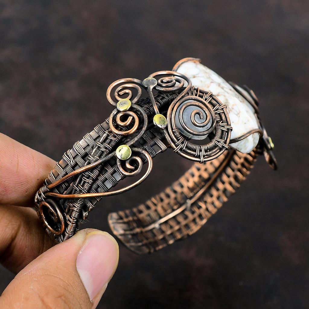 Браслет-манжета из магнезита с дикой лошадью, браслет-манжета с радужным лунным камнем, медная проволока, регулируемый браслет, браслет ручной работы с драгоценными камнями, медные украшения