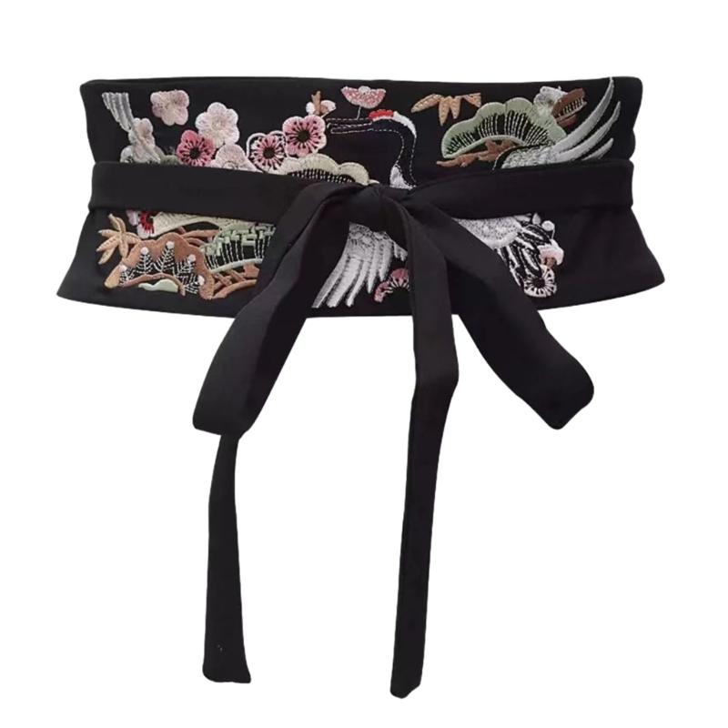 Chinese Hanfu Belt Wide Tie Belt with Chinese Embroidery Crane Crafts