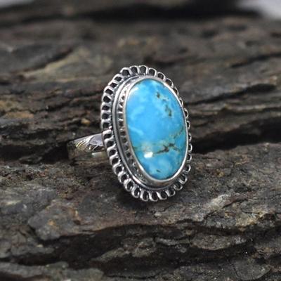 Серебряное кольцо с тибетской бирюзой, кольцо из стерлингового серебра 925 пробы для женщин, драгоценный камень с бирюзой в стиле бохо, простое кольцо с камнем, камень с синим драгоценным камнем