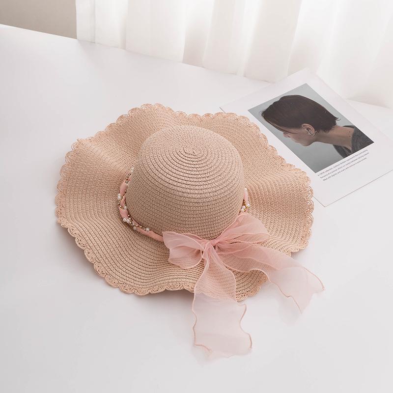 Elegant Women's Sun Hat with Mesh Trim & Faux Pearl Ribbon - Wide Brim, UV Protection Straw Beach Cap for Travel