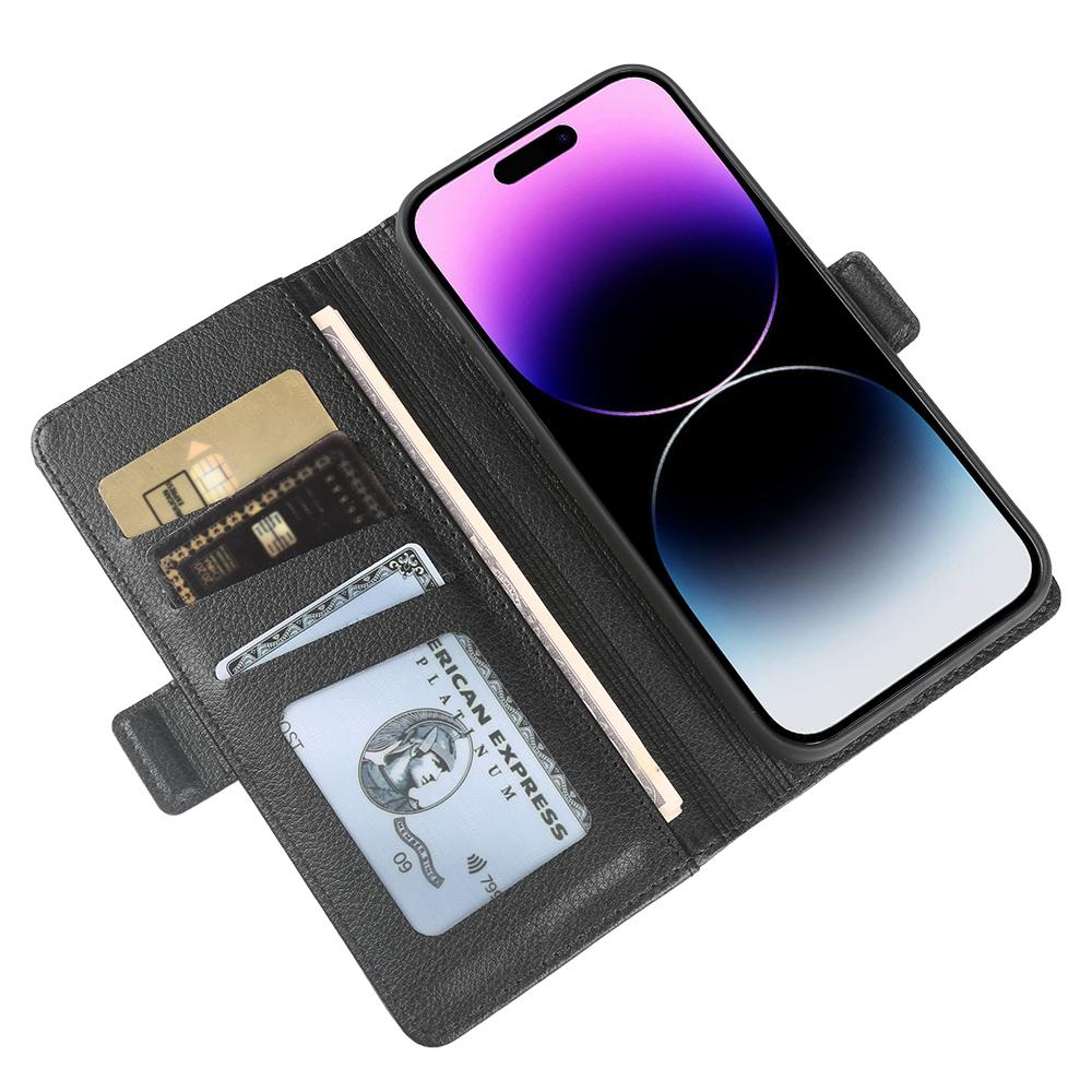For iPhone 14 Pro Max Wallet Case with Dual Magnetic Clasp Litchi Textured Leather Flip Stand Phone Cover