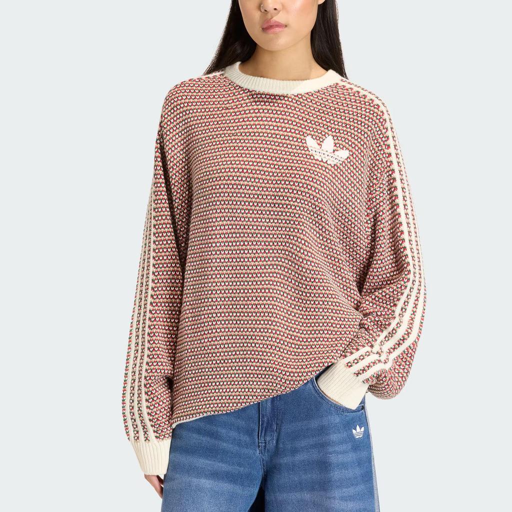 adidas Оригиналы Женский Оверсайз Свитер Крупной Вязки С Круглым Вырезом Цвет Вне Белый Колледжский Зеленый Оборудование Красный KQ6291