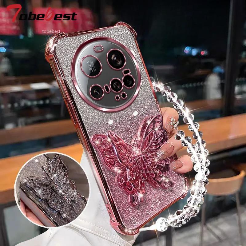Противоударный чехол с блестящим покрытием для Xiaomi 15 Ultra 14 14T 13 12 11 Pro Lite 3D подставка-бабочка для телефона, браслет из бусин, задняя крышка