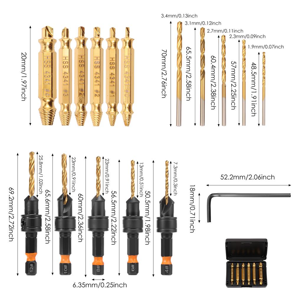 Woodworking Countersink Drill Bit Set Adjustable Depth 1/4 Inch Hex Shank Double Ended Screw Extractor or Broken Damaged Rusted