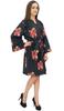 Women Floral Print Black Full Sleeve Bridesmaid Kimono Robe With Belt -