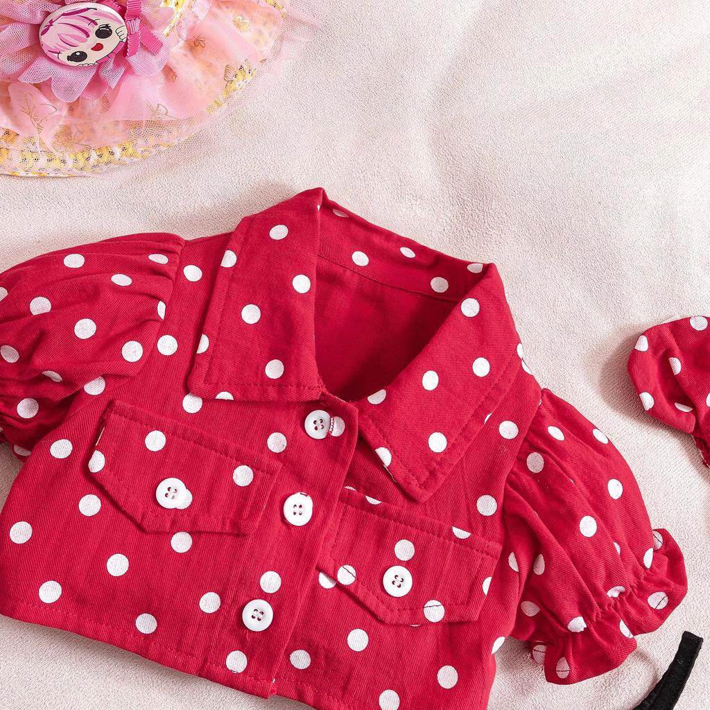 6M-3Y Children's Polka Dot Lapel Bubble Short-sleeved Jacket + Halter Bow Saree Girls Skirt Suit