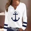 Fashion Anchor Pattern Stripe Long Sleeves T Shirt Tops Women's Fashion Streetwear V Neck Solid T-shirt Loose Womens Clothing