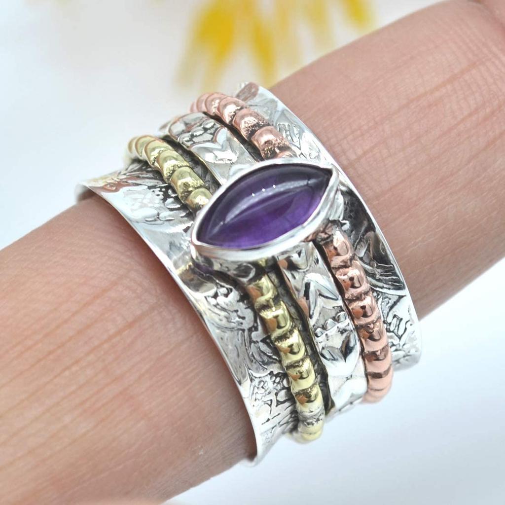 Кольцо с натуральным аметистом, 925 пробы, серебряное трехцветное кольцо-спиннер