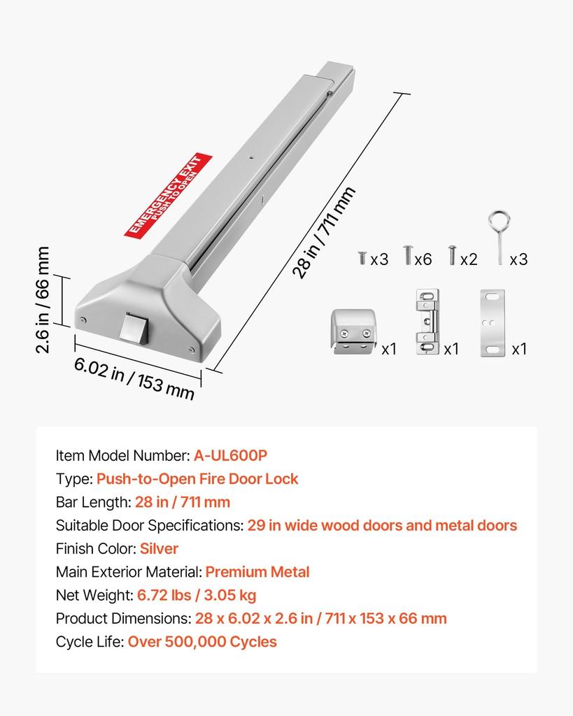 Push Bar Panic Exit Device, 711 mm Premium Metal Commercial Panic Bar for Exit Doors, Emergency Exit Door Hardware with Warning Sticker, Easy