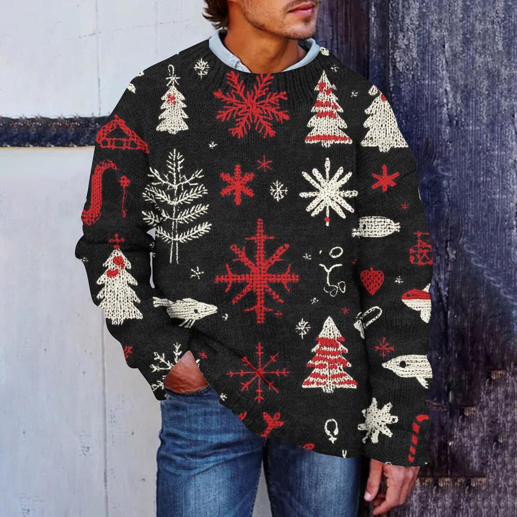 Men's Christmas Print Faux Sweater, Crewneck Sweatshirt, Loose Long-sleeved Top