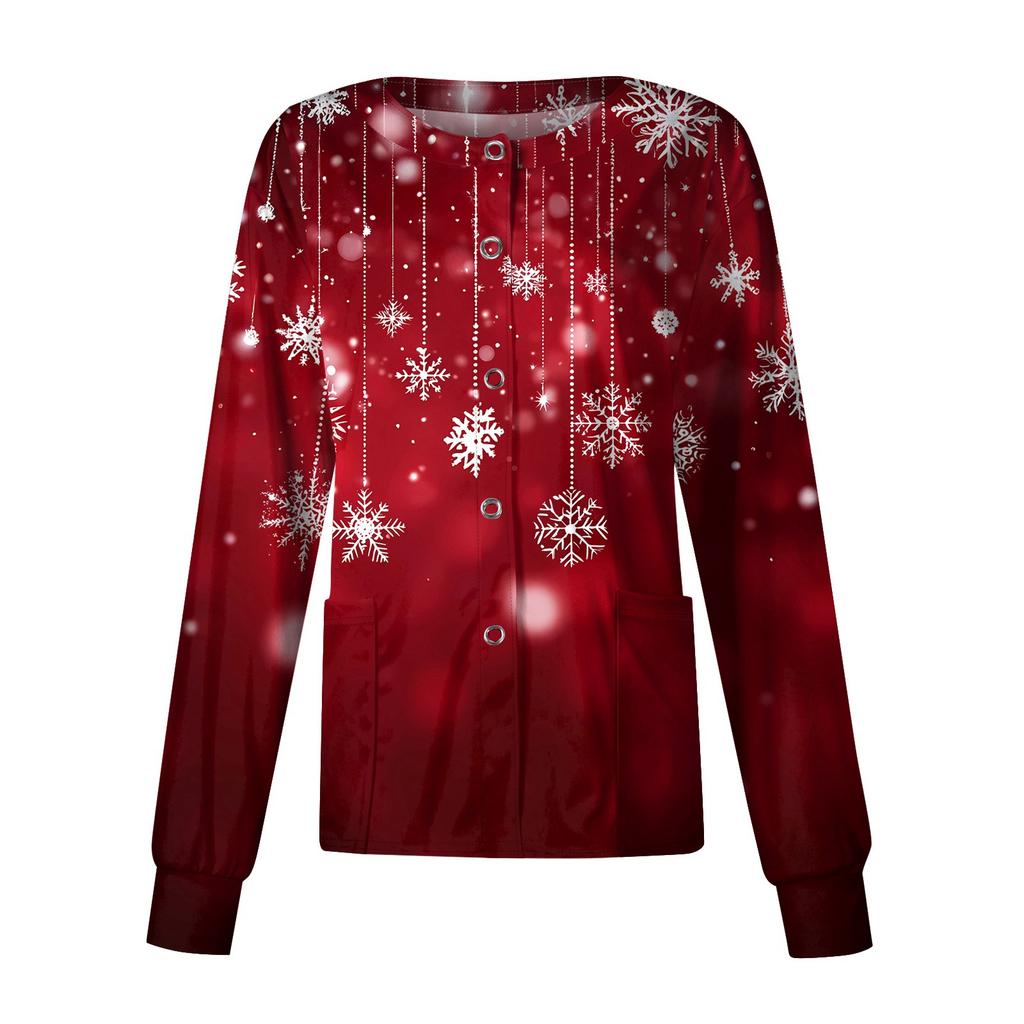 Women's Casual Long-sleeved Single-breasted Christmas Printed Protective Clothing Cardigan Top