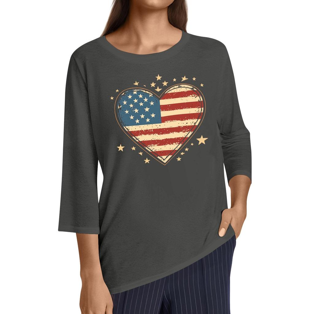 Women's Fashion Casual Round Neck 3/4 Sleeve Loose Independence Day Printed T-Shirt Ladies Top