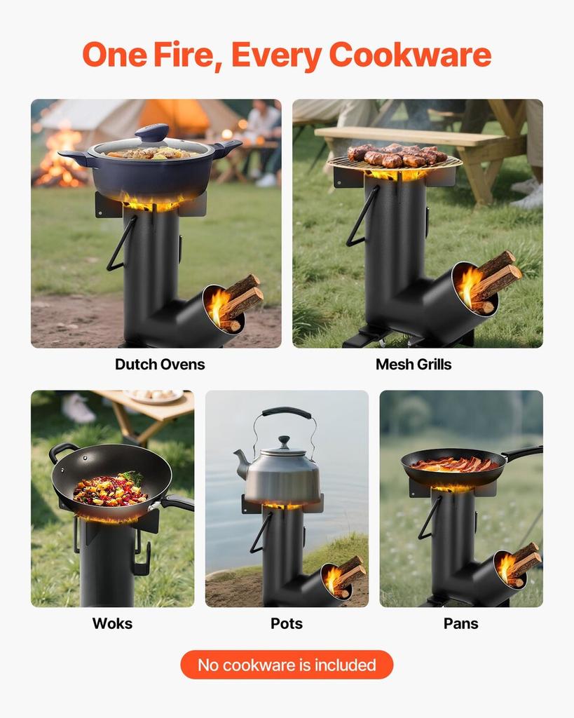 Camping Rocket Stove, Wood Burning Portable Rocket Stove with Carrying Bag for Backpacking, Carbon Steel, Burn Wood, Twigs or Sticks for Outdoor