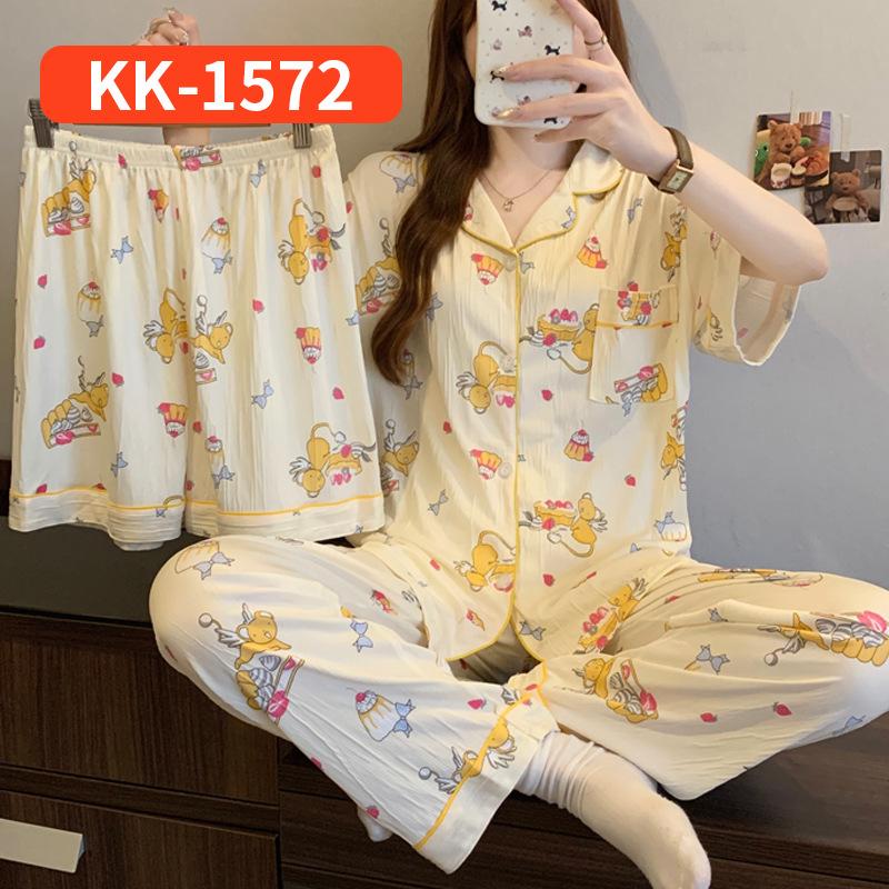 Sweet love full print casual wrinkled pajamas women's spring summer short-sleeved three-piece loungewear real shot