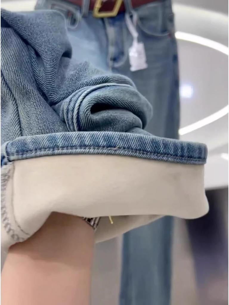 Джинсы больших размеров с высокой посадкой, на флисовой подкладке, с широкими штанинами для женщин - Осень/Зима 2024, стройнящий стиль