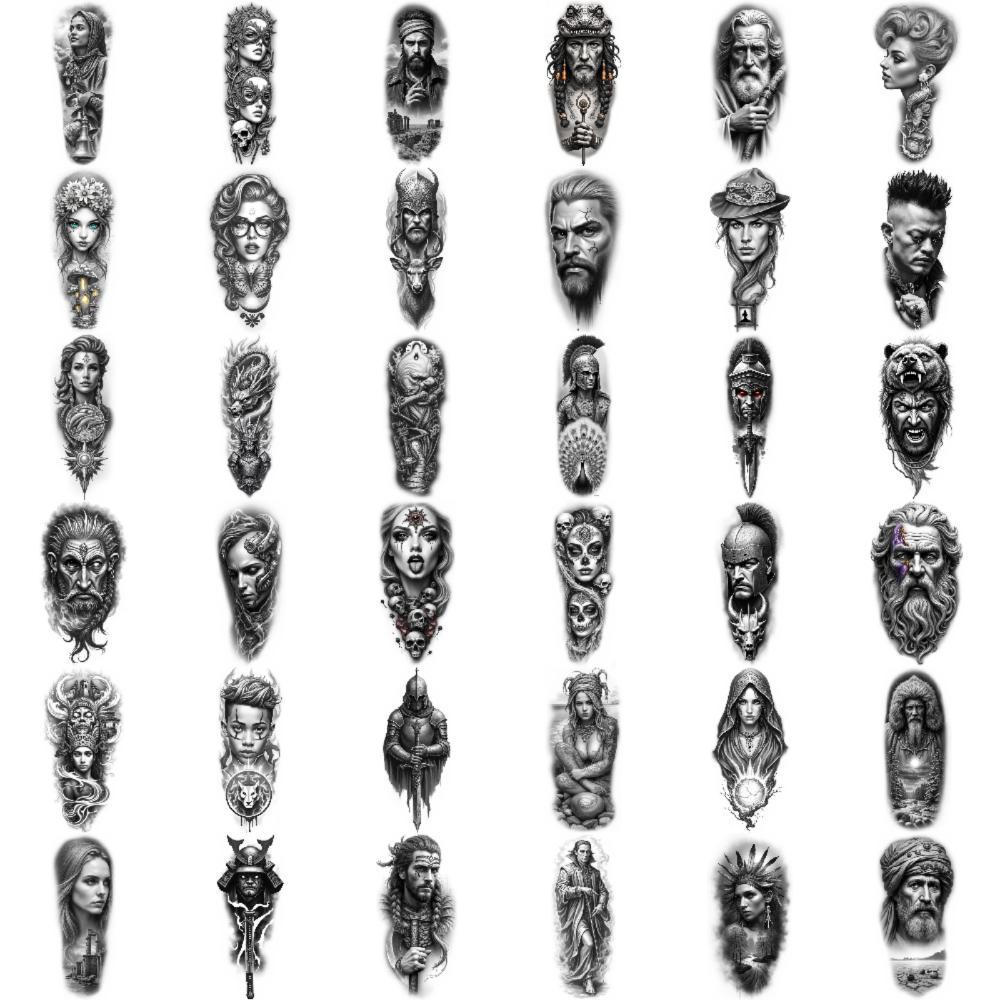 12 шт. Временные Татуировки Черно-Серый Реализм Римский Солдат Женщина Со Черепами Викингов Воин Для Мужчин Бедра Руки