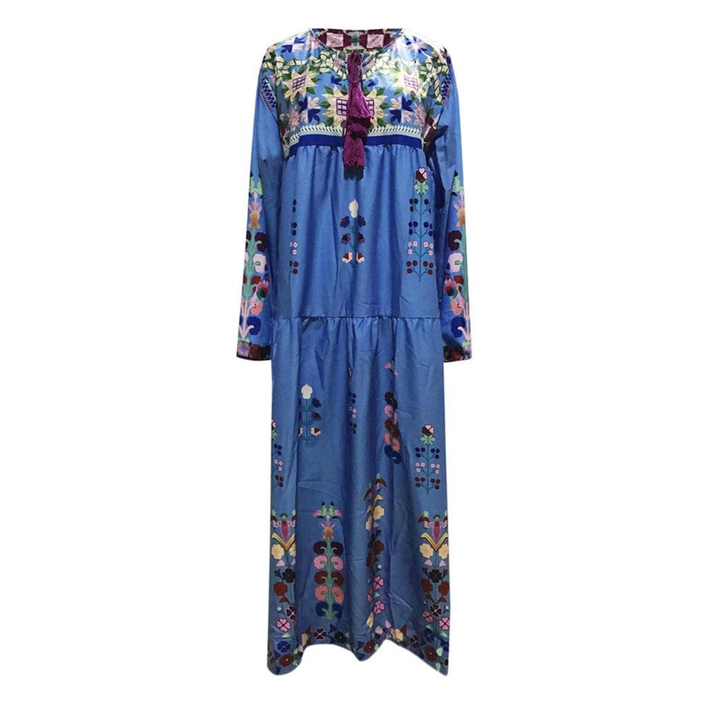 Women Plus Size V Neck Print  Long Sleeve Boho Dress Party Maxi Dress