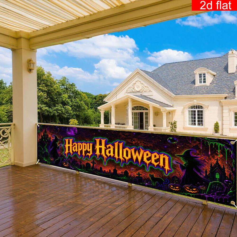 Halloween Yard Sign Party Banner, Spooky Castle Pumpkin Black Cat Pattern, Polyester Outdoor Garden Courtyard Fence Decoration