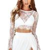 O-Neck Long Sleeve Embroidery Pattern Crop Top Women See-Through Floral Lace Blouse