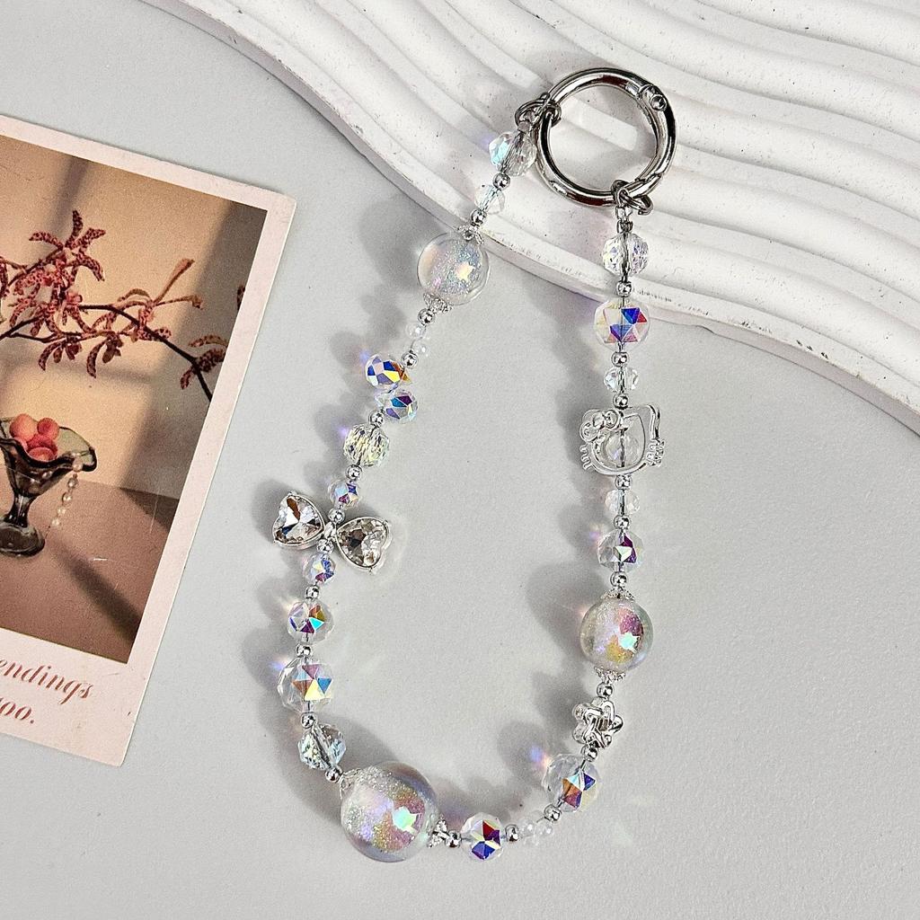 Light Luxury Fashion Bow Bead Crystal Phone Chain, Short Wrist Style Handheld Chain Anti Loss Hanging Accessory Phone Lanyard