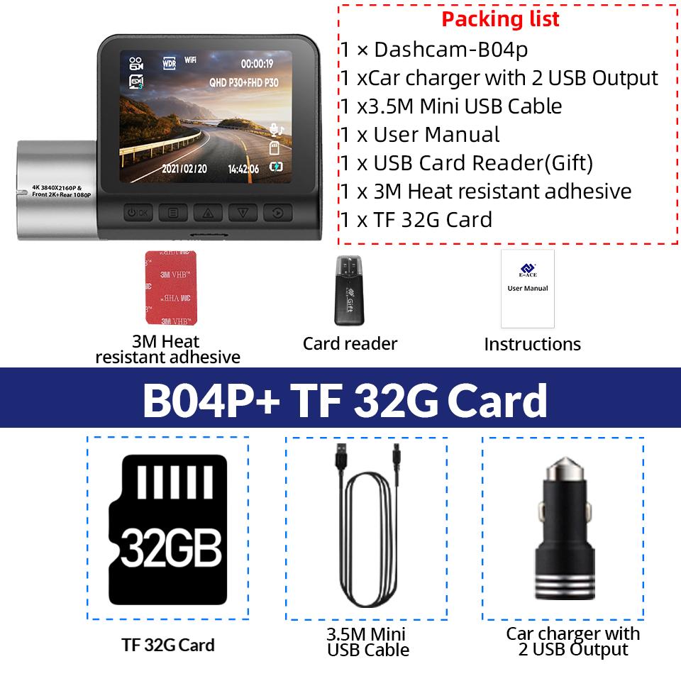 E-ACE 4K DVR видеорегистратор для автомобиля 2160P ADAS GPS WiFi камера для вождения видеорегистратор черный ящик для авто